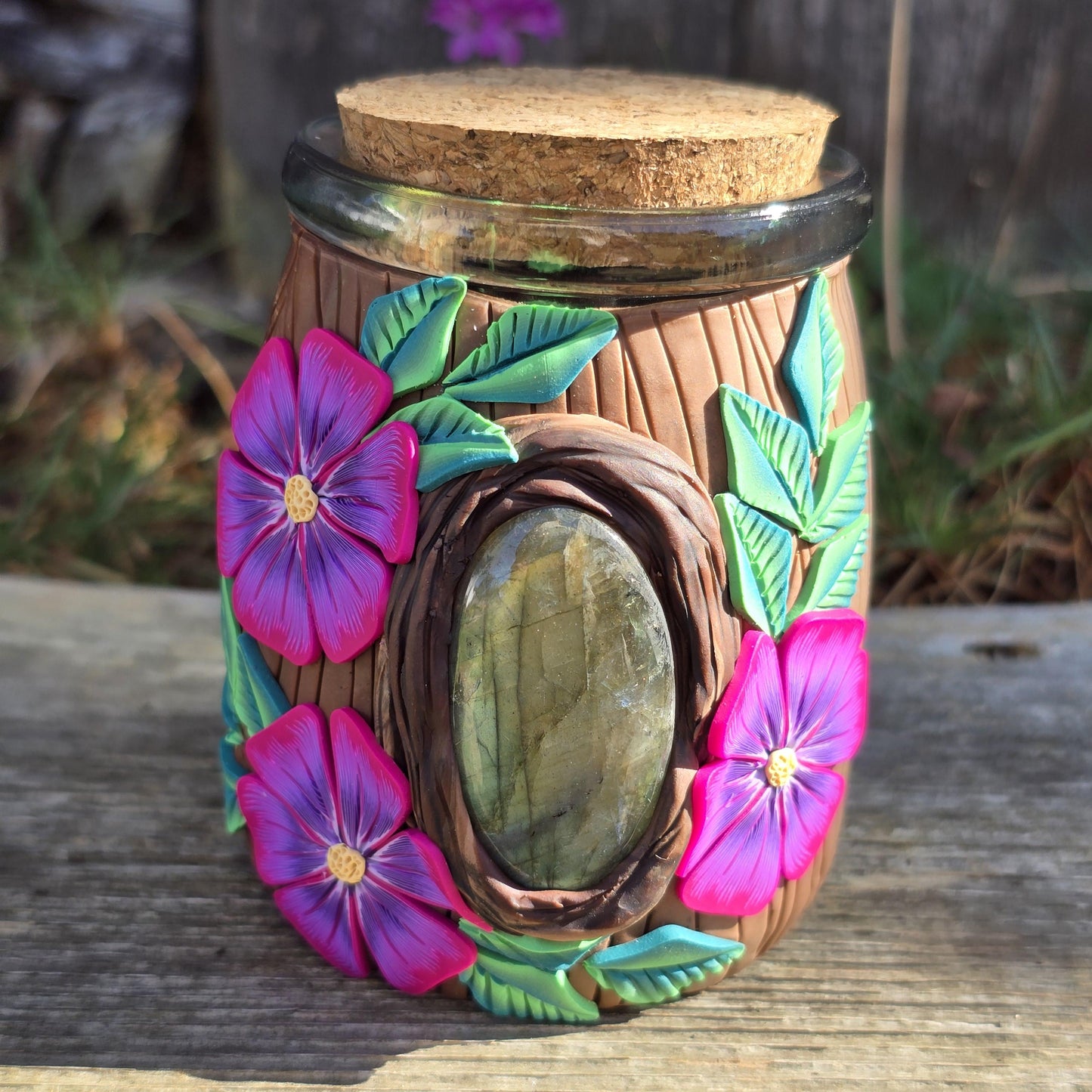 Stash Jar, Royal Fuchsia Florals with Labradorite