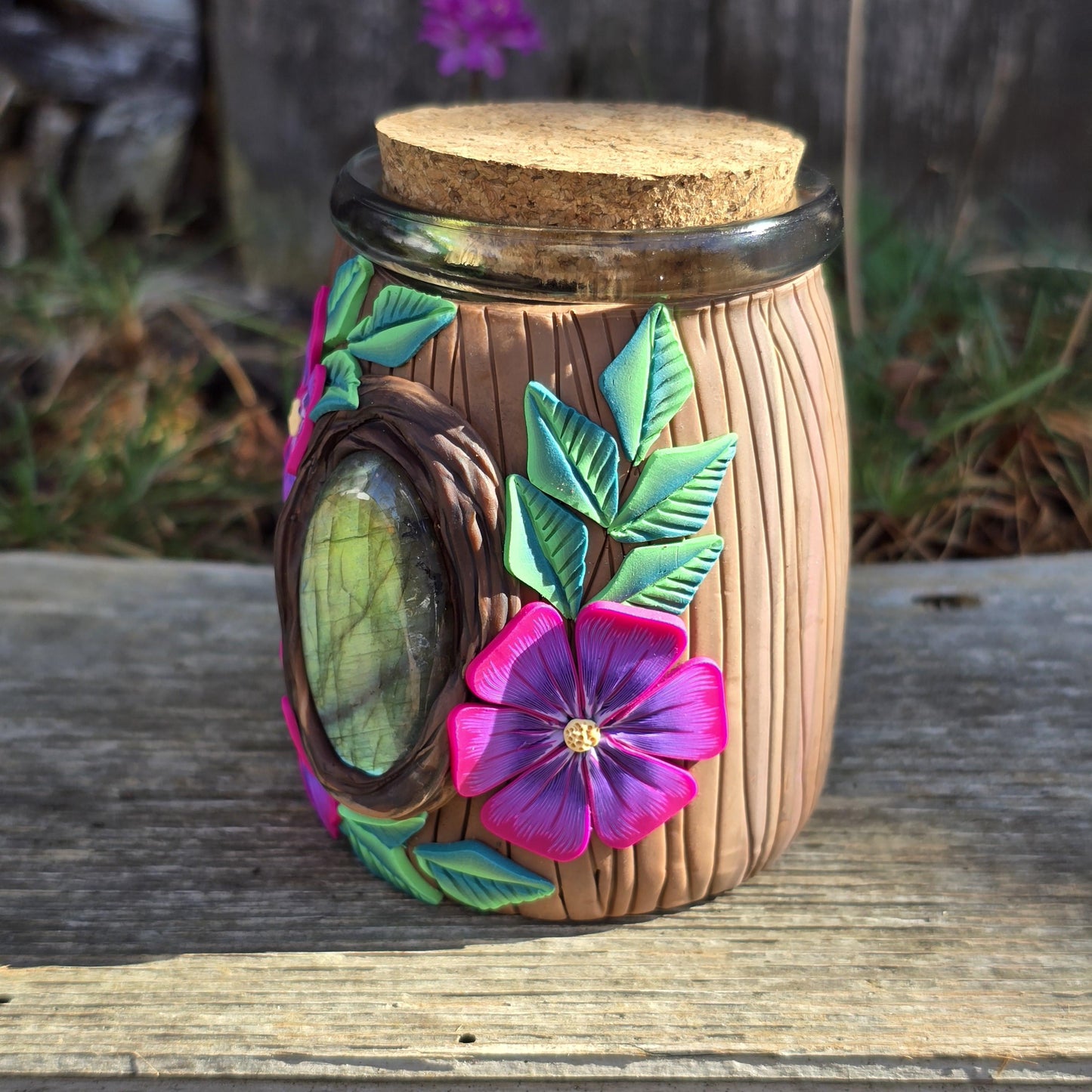 Stash Jar, Royal Fuchsia Florals with Labradorite