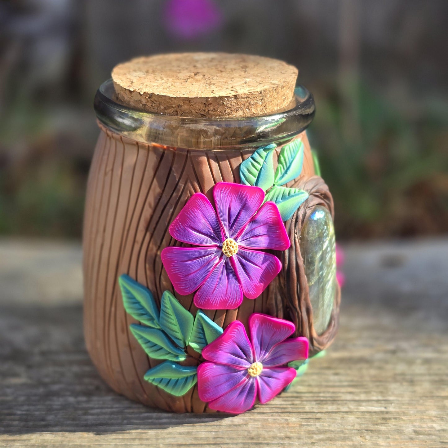 Stash Jar, Royal Fuchsia Florals with Labradorite