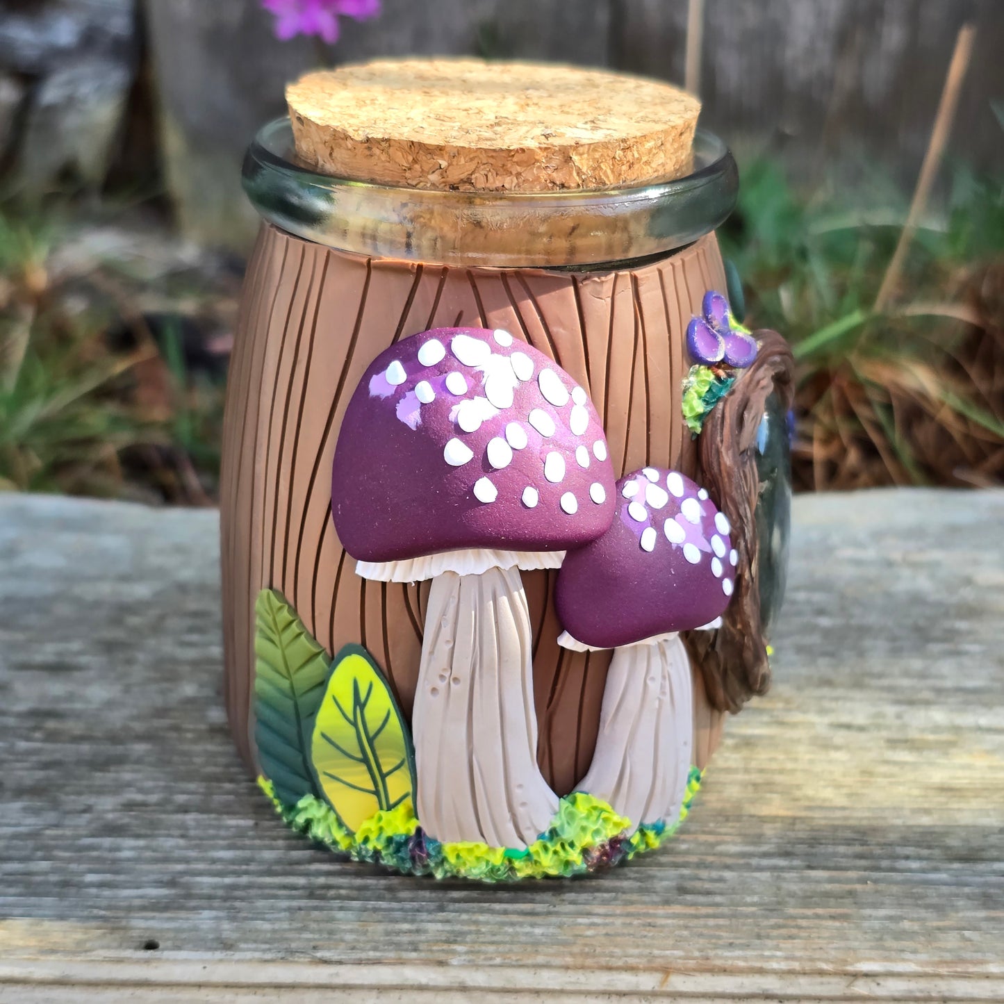 Stash Jar, Purple Mushrooms & Flowers with Labradorite