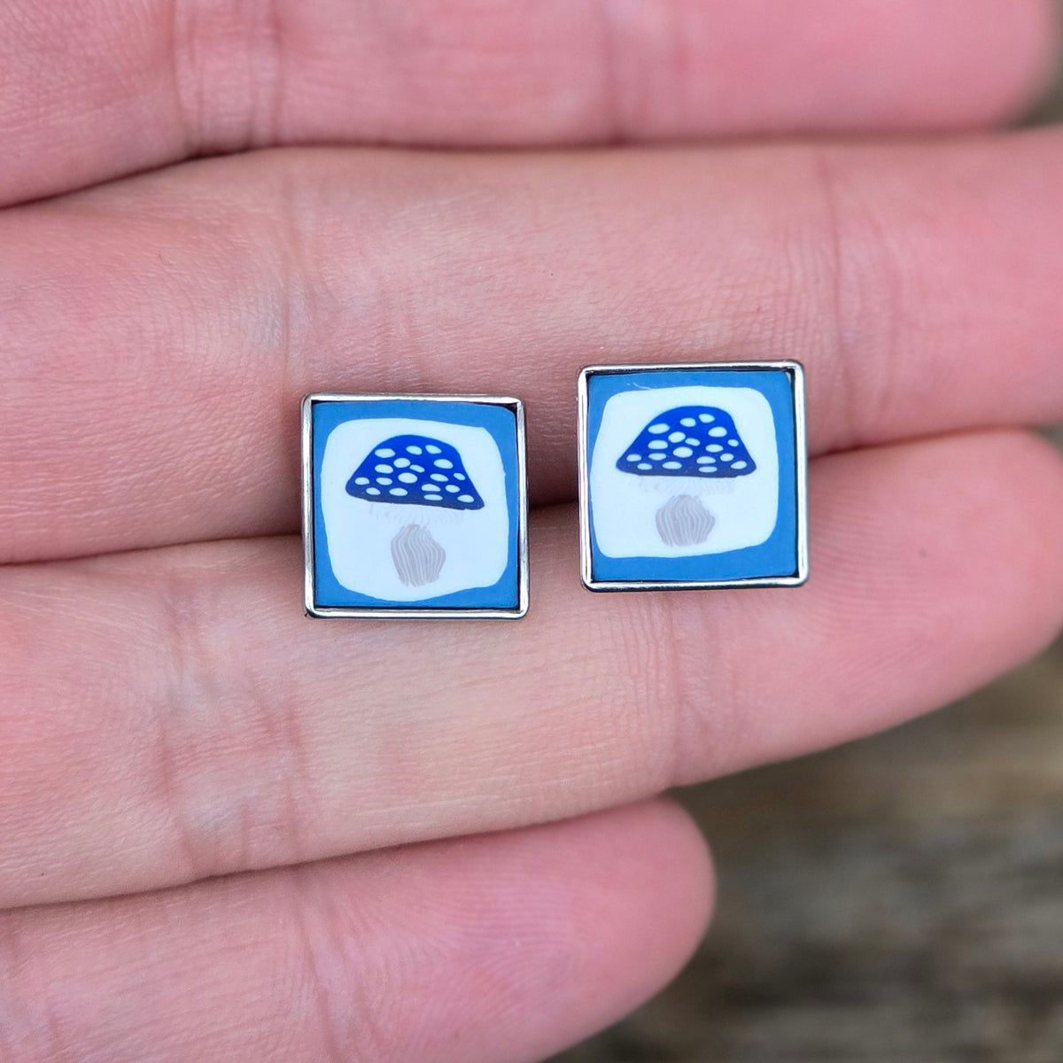 Earrings • Blue Toadstool Mushroom studs