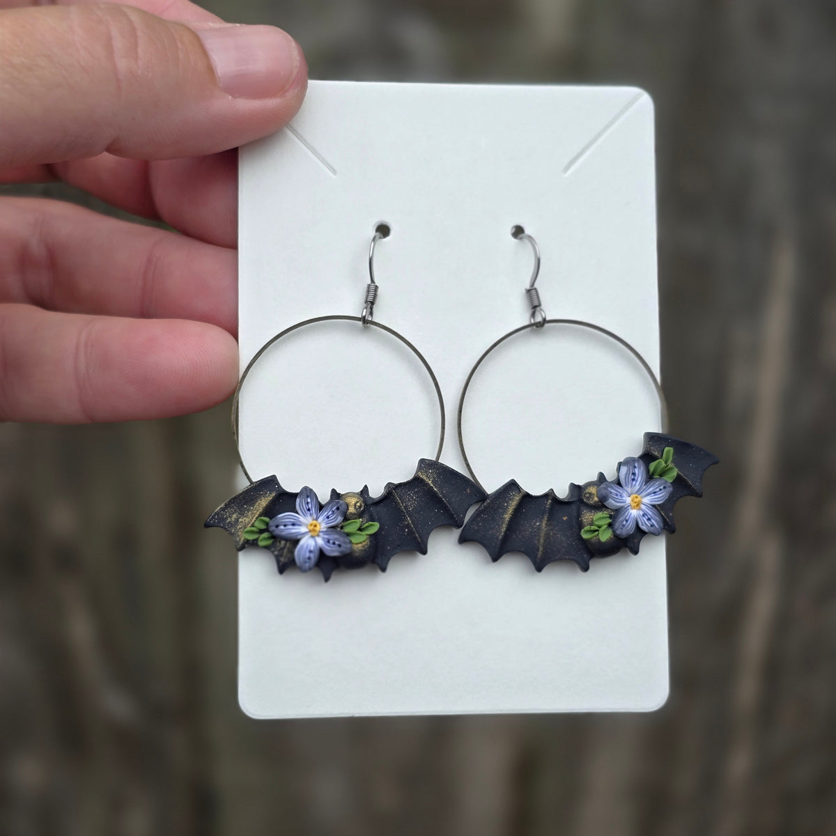Floral Bat Earrings • black & white