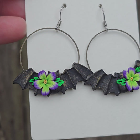 Bat Earrings • violet lime floral