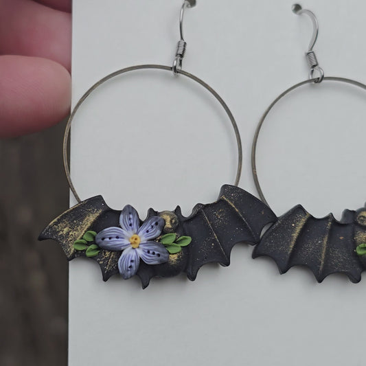 Bat Earrings • black & white floral
