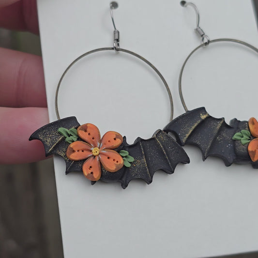 Bat Earrings • gold floral
