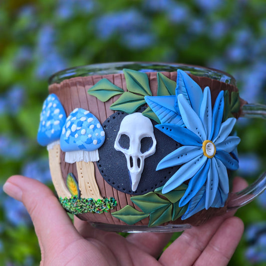 Blue Floral Raven Skull Mug
