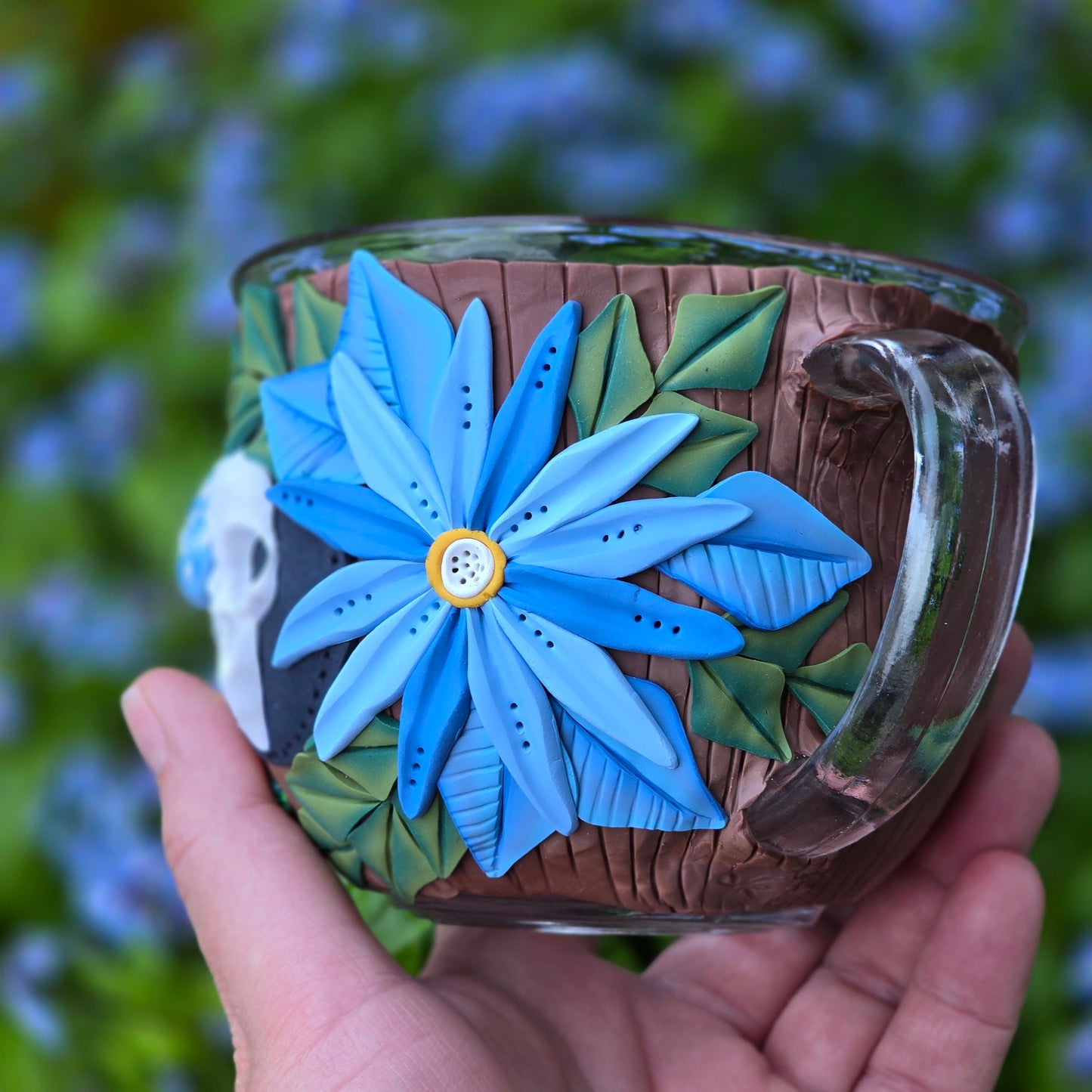 Blue Floral Raven Skull Mug